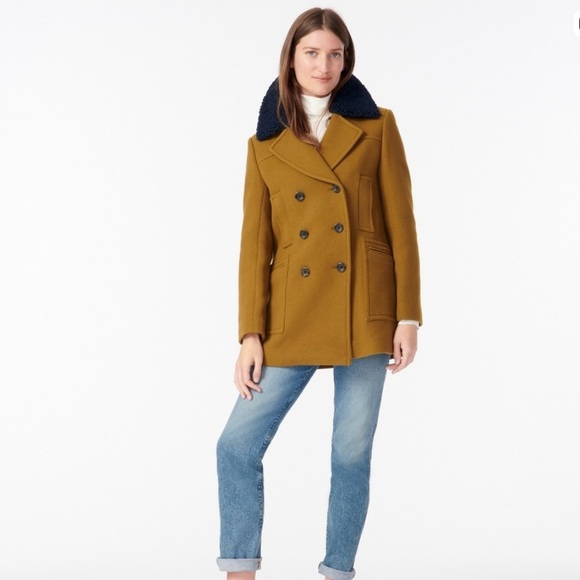 ✨J. Crew Tan Ready to Wear Double-Breasted Peacoat Coat w/Shearling Collar BNWT✨ - Picture 3 of 6